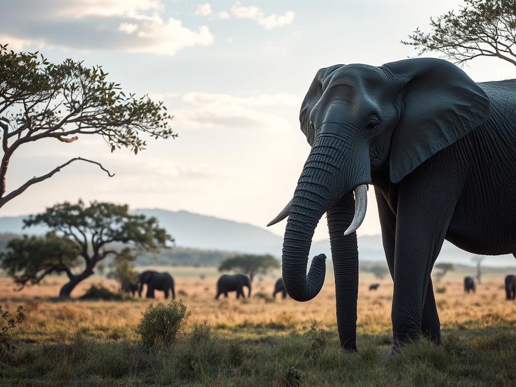 A realistic high-resolution photo of a serene elephant moment in the wild. The image features a large, majestic elephant standing calmly in lush green savannah with soft sunlight filtering through the trees. The elephant is the clear focus, captured from a side profile, showcasing its textured skin and gentle eyes. The background is a peaceful African landscape with subtle hills and sparse trees under a soft blue sky with gentle clouds. The composition is simple and clear, evoking a peaceful, natural atmosp