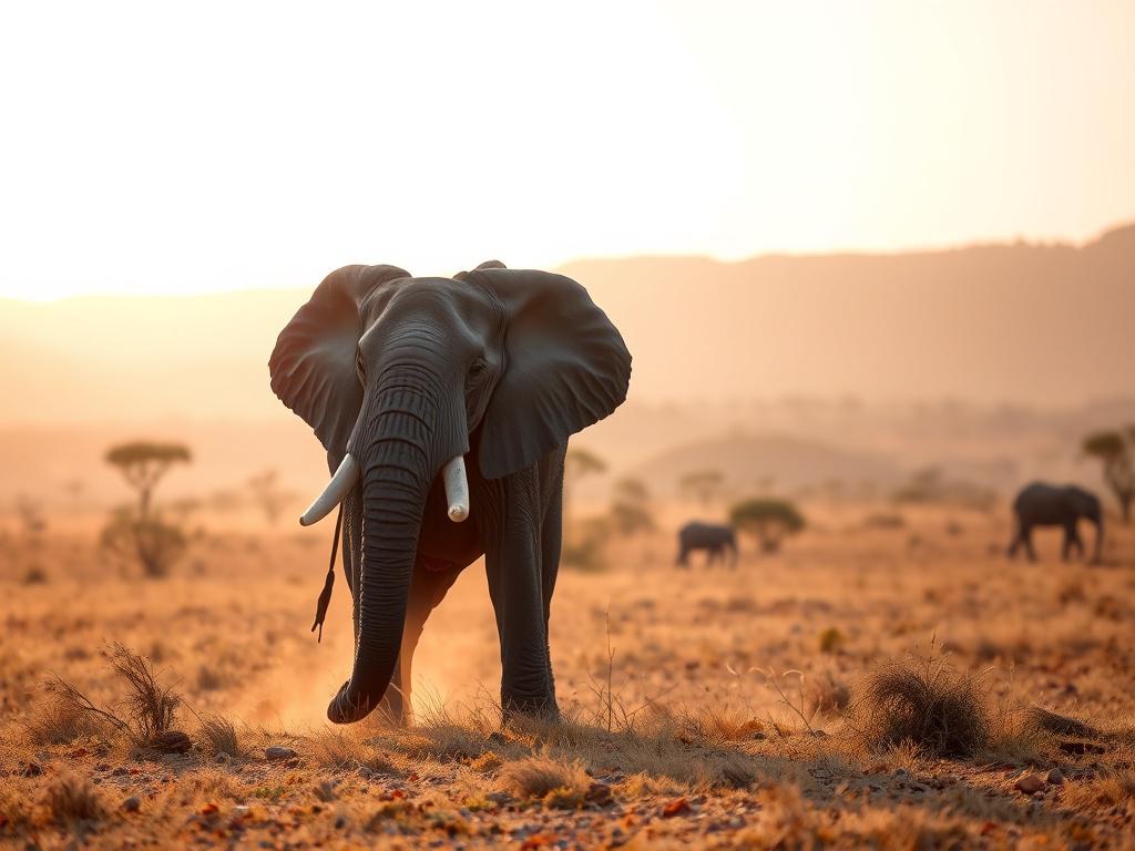 A majestic African elephant standing alone in the early morning light on the vast plains of Kruger National Park. The background features a soft sunrise illuminating the diverse landscape with acacia trees and distant hills. The scene conveys tranquility and the raw beauty of African wildlife, rendered in soft tones with gentle lighting, creating a peaceful atmosphere. The image is high-resolution and realistic, with natural colors that complement a primary color of #1C6220.