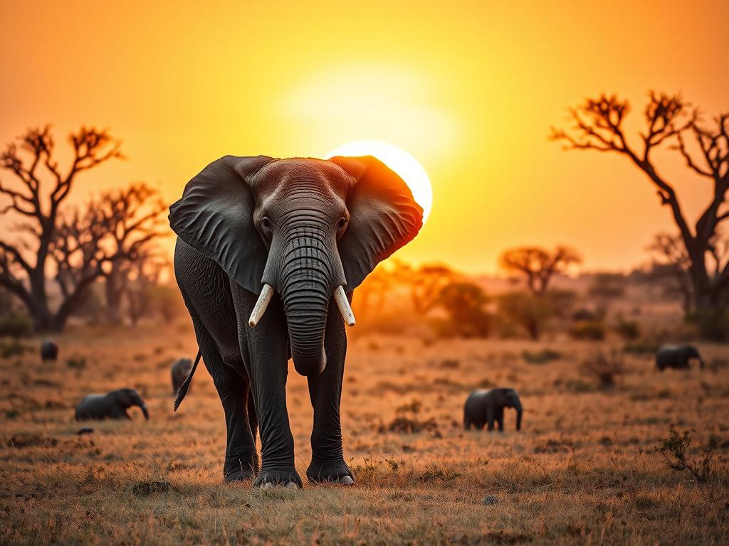 A stunning high-resolution photo of a majestic African elephant standing gracefully in the golden light of a setting sun on the vast plains of Kruger National Park. The background features the iconic acacia trees silhouetted against a soft, warm sky with gentle lighting that evokes a peaceful and awe-inspiring atmosphere. The composition is simple and clear, focusing solely on the elephant as the subject, capturing the essence of the African wilderness and the spirit of safari exploration.