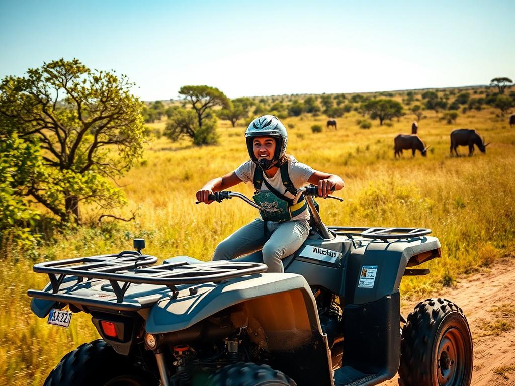 A thrilling scene of a person riding a quad bike through the vibrant African bushveld. The background showcases lush greenery, acacia trees, and open grasslands under a bright blue sky. The rider is wearing safety gear, with a look of excitement on their face, capturing the sense of adventure. The composition is clear and focused, highlighting the quad bike and the surrounding natural beauty.