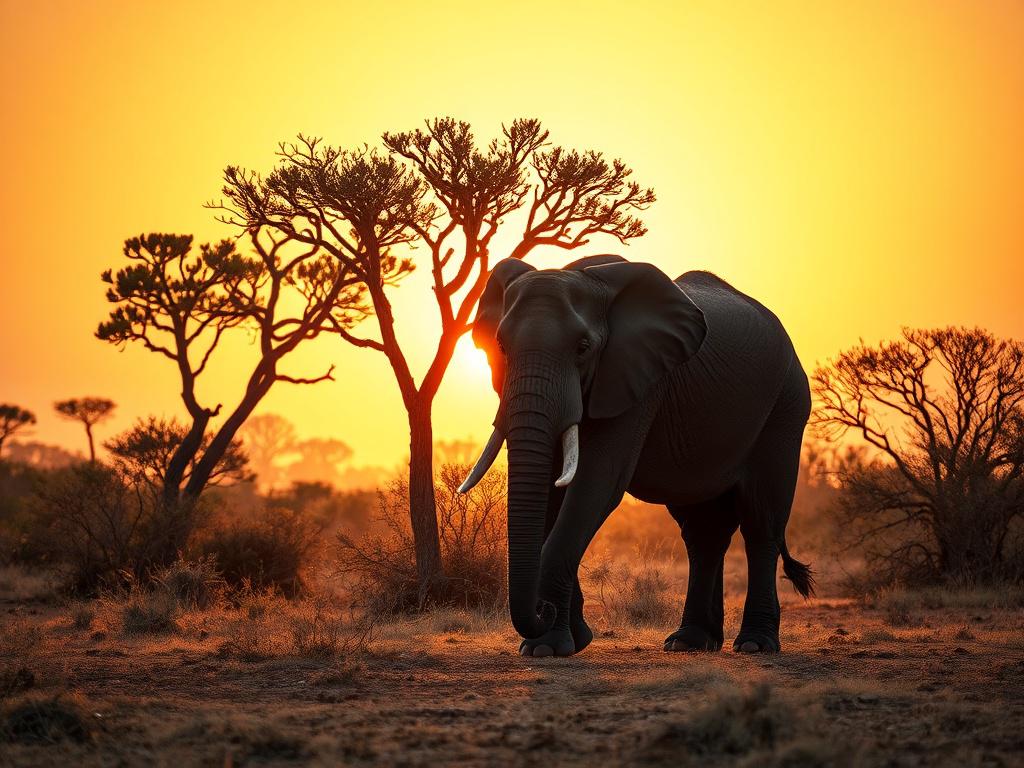 A majestic African elephant standing alone in the golden light of sunset in Kruger National Park, with acacia trees silhouetted against a soft orange sky. The scene reflects tranquility and the rich biodiversity of the South African Lowveld, emphasizing natural beauty and wildlife conservation.