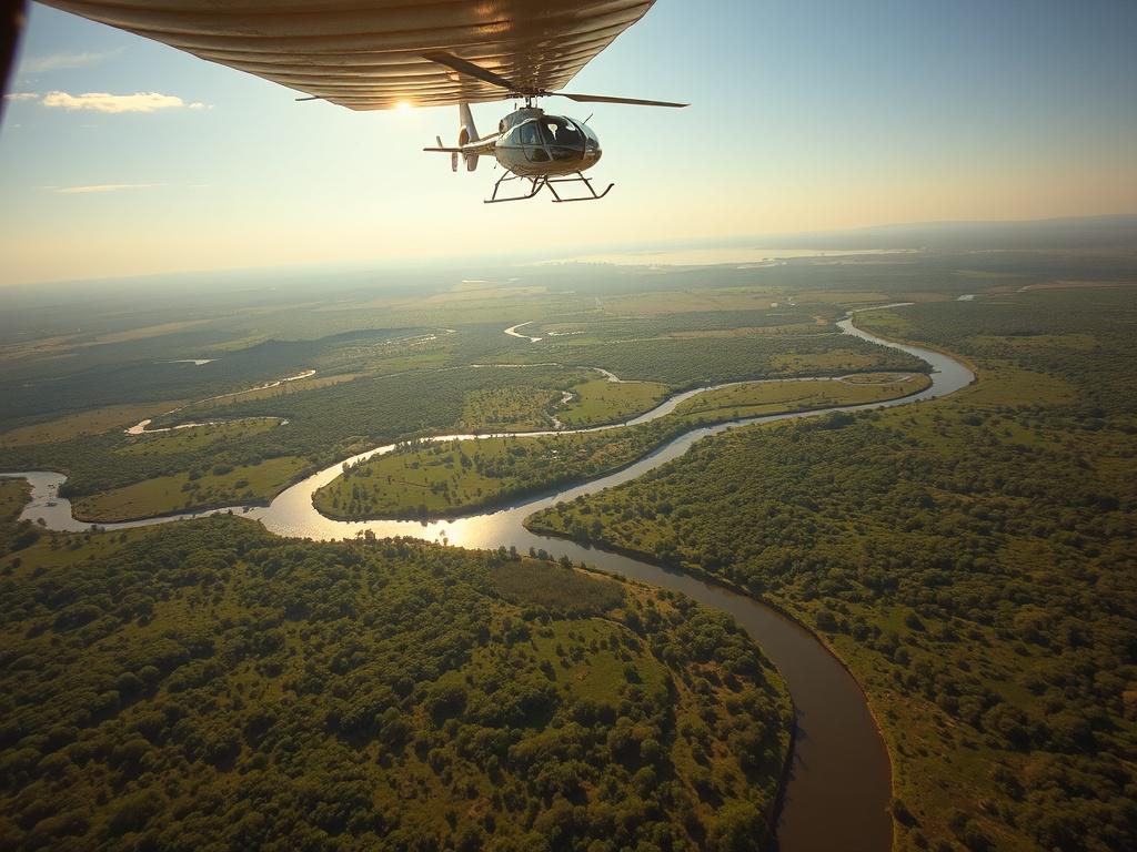 A breathtaking aerial view of the Kruger National Park, captured from a microlight or helicopter. The image should showcase lush green landscapes, winding rivers, and herds of wildlife visible below. The sky is clear with soft, golden lighting, creating a peaceful yet exhilarating atmosphere. The microlight or helicopter is depicted soaring above, emphasizing the adventure of flight. The overall composition should convey the beauty and vastness of the African wilderness.