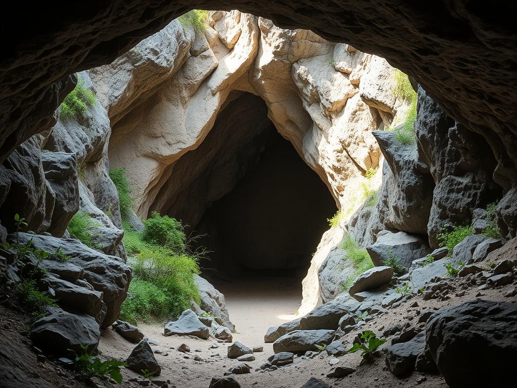 A realistic high-resolution photo of the Makapans Valley caves, showcasing the entrance to a limestone cave surrounded by rugged natural landscape. The composition features a clear view of the cave opening framed by rocky formations and subtle greenery, under soft natural light. The atmosphere is peaceful and invites exploration, with gentle shadows emphasizing the texture of the rocks. The image uses a color palette compatible with the primary color #1C6220, emphasizing earth tones and natural greens.
