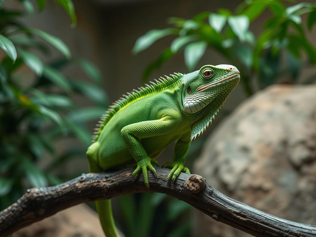 A realistic high-resolution photo of a vibrant green iguana perched calmly on a branch within a naturalistic enclosure. The background features soft tones of lush foliage and gentle lighting that highlights the iguana's textured scales. The composition is simple and clear, focusing solely on the iguana as the subject, with an atmosphere that evokes tranquility and reverence for wildlife. The image color palette is harmonious with the primary color #1C6220.