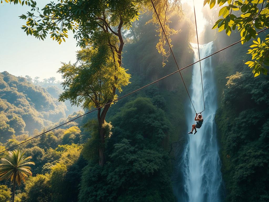A single adventurer navigating a lush green canopy zip line, suspended high above a dense indigenous forest with a majestic waterfall cascading in the background. The scene captures vibrant greenery, natural sunlight filtering through the leaves, and a clear blue sky, conveying excitement and serenity in perfect harmony.