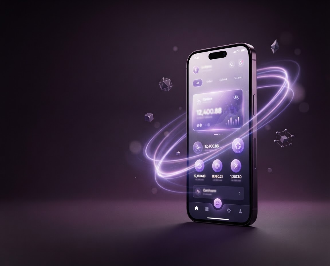A smartphone displaying an abstract digital wallet, surrounded by violet light trails