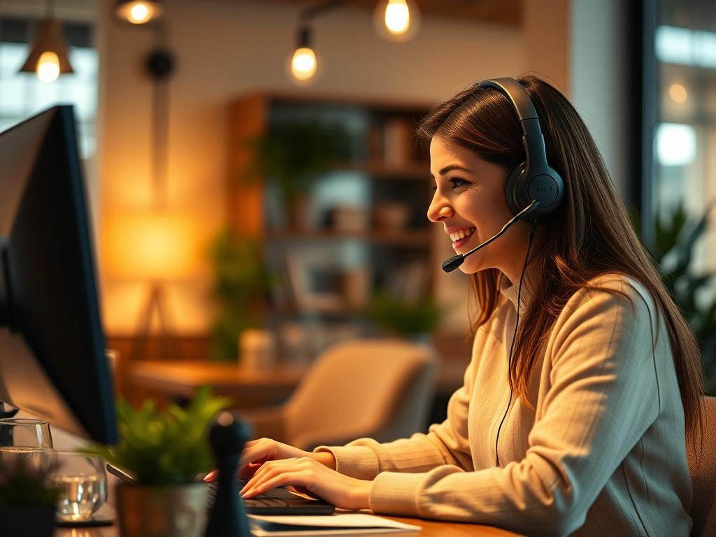 A friendly customer service representative assisting a guest via phone in a cozy, modern office setting. The scene captures a warm, inviting atmosphere, emphasizing the theme of support and assistance.