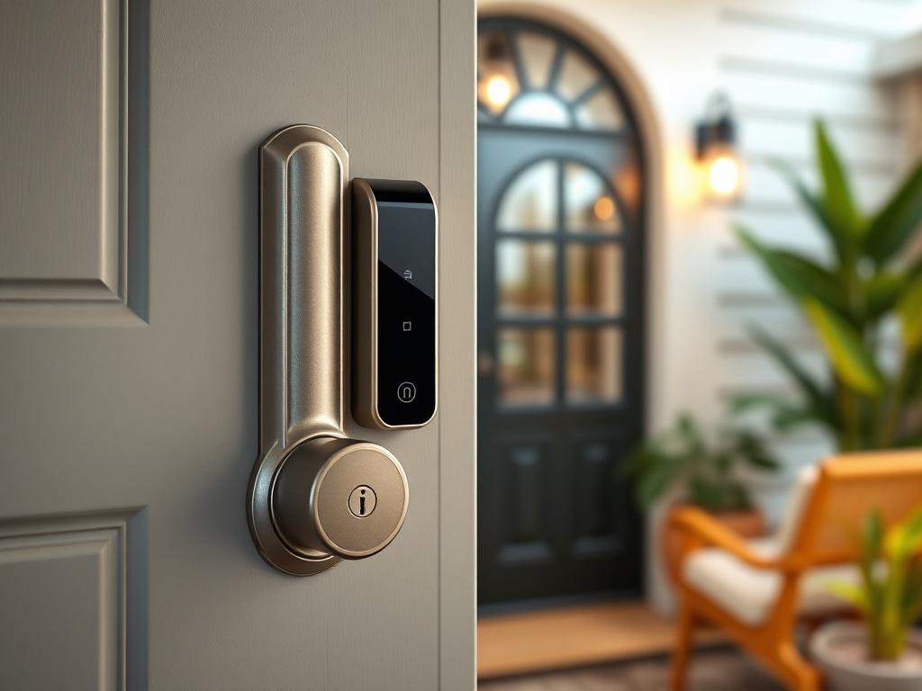 A modern, stylish keyless entry system displayed on a door, with a close-up focus on the lock mechanism. The background features a well-decorated entrance of a vacation rental property, showcasing a welcoming atmosphere with soft lighting and greenery.