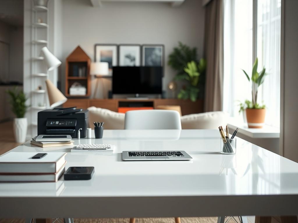An elegant workspace within a rental property, featuring a sleek desk setup with a laptop, printer, and office supplies. The background showcases a bright and airy room with modern decor, emphasizing a productive and comfortable environment.