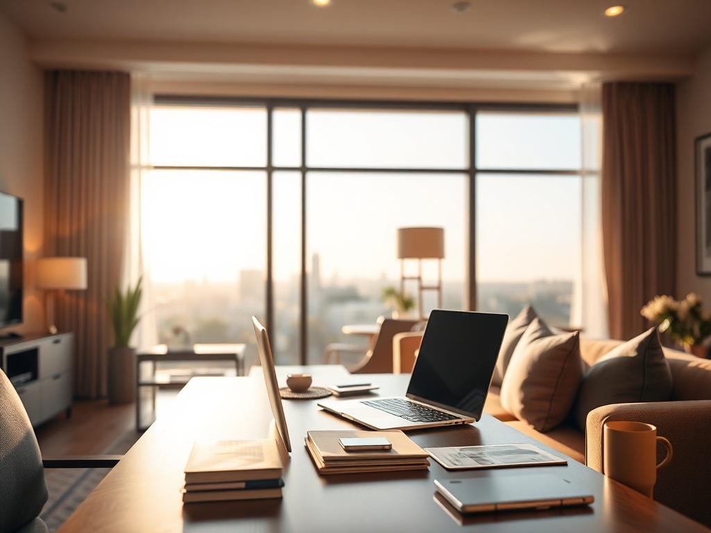 A cozy, modern corporate rental space showcasing a well furnished