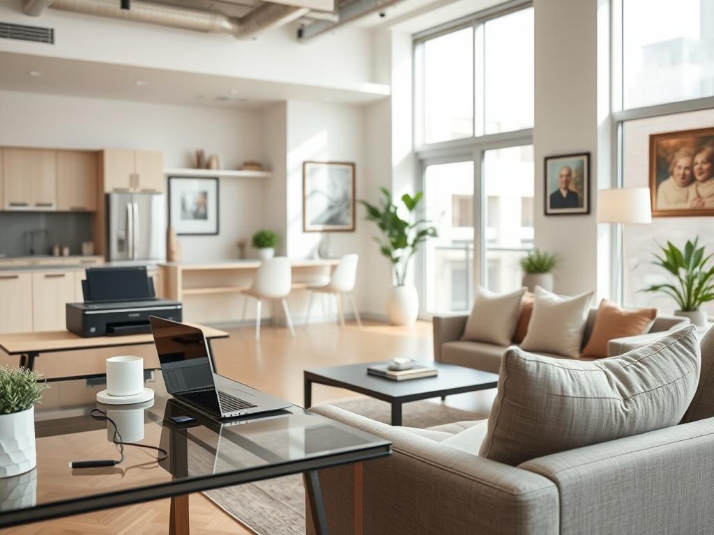 A beautifully furnished corporate rental living room with modern decor,