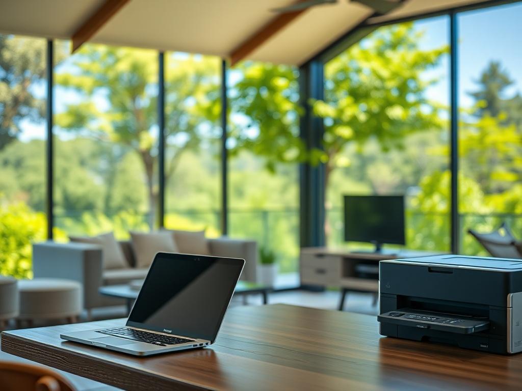 A serene corporate retreat rental property with modern furnishings and a spacious layout, showcasing a comfortable workspace with a laptop and printer. The background features lush greenery and a clear blue sky, creating a peaceful atmosphere. The close-up shot highlights the inviting ambiance, emphasizing relaxation and productivity.