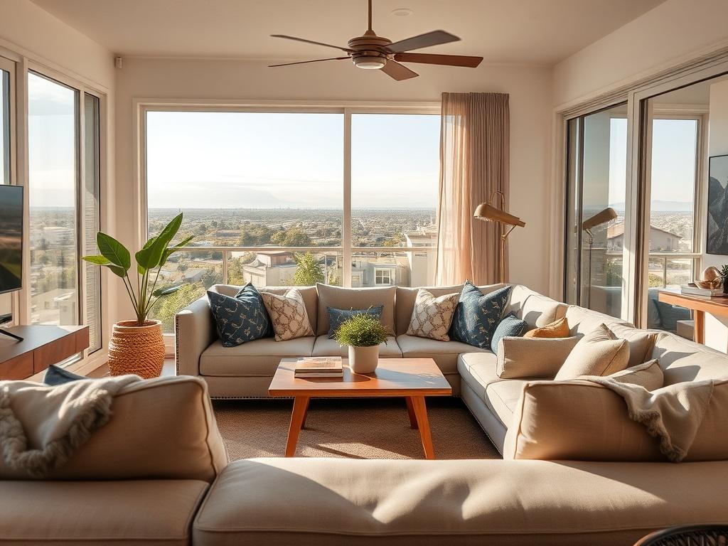 A cozy weekend getaway rental featuring stylish decor and inviting furnishings, with a comfortable sofa and coffee table in a bright, airy living space. The background shows a view of a sunny San Diego landscape through large windows, emphasizing relaxation and leisure. The close-up shot captures the warm ambiance.