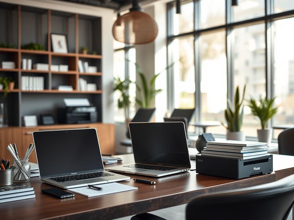 A well-appointed business rental showcasing a stylish desk with a laptop, printer, and office supplies, set against a backdrop of modern decor. The scene conveys an atmosphere of professionalism and productivity, with natural light streaming in through large windows, creating an inviting workspace. The close-up shot highlights the attention to detail.