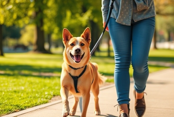 Happy dog and owner walking together on leash