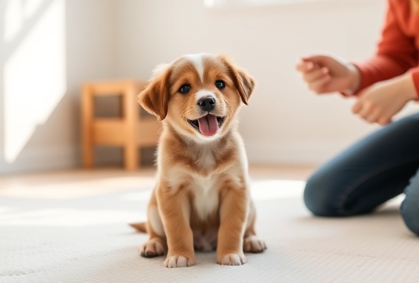 Young puppy in positive training session