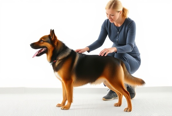 Well-behaved dog performing obedience command with trainer