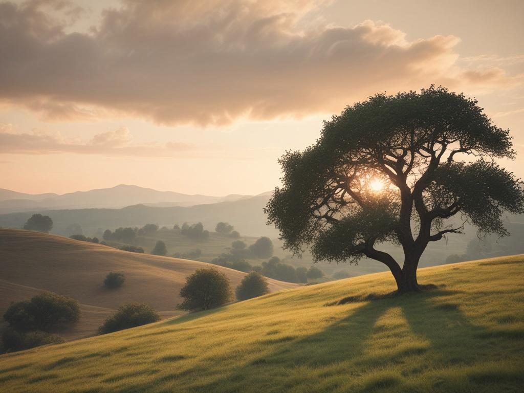 A serene landscape with soft lighting, showcasing a single strong