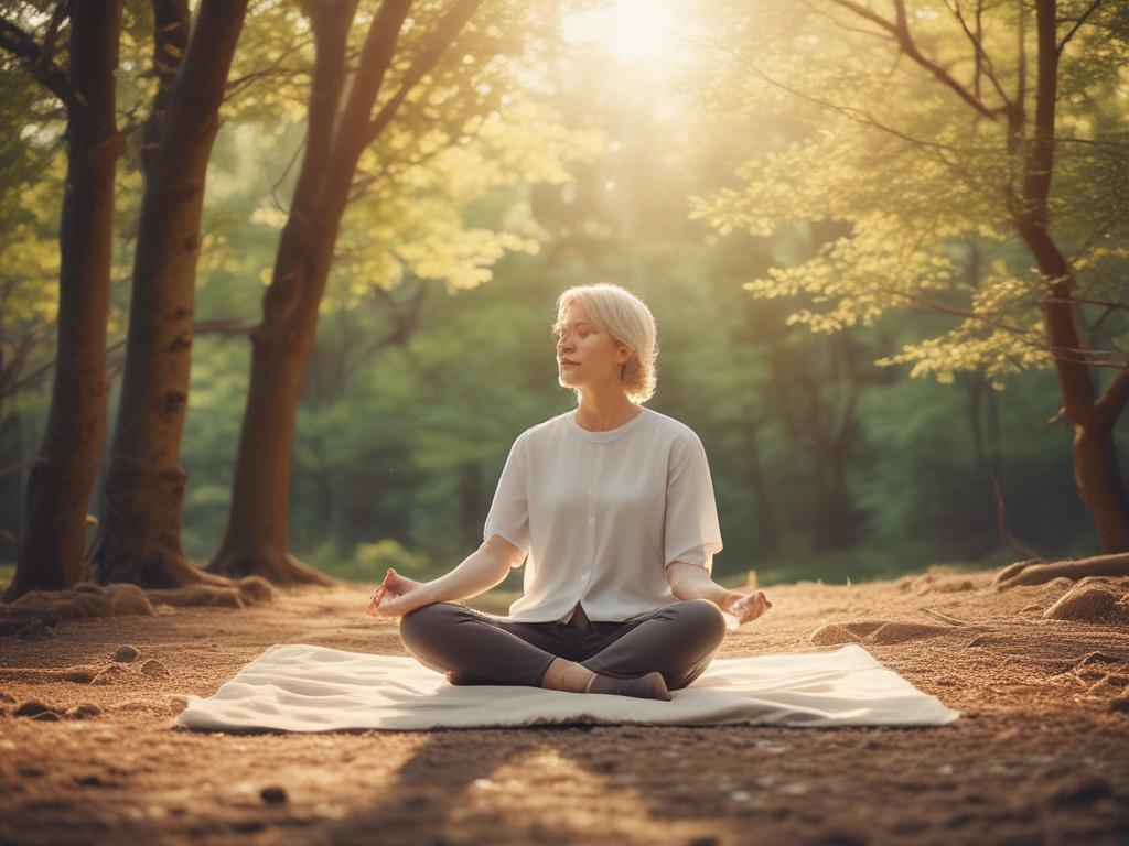 an individual practicing mindfulness in a serene outdoor setting, surrounded