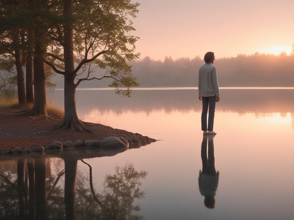 a person reflecting on their values in a tranquil setting,