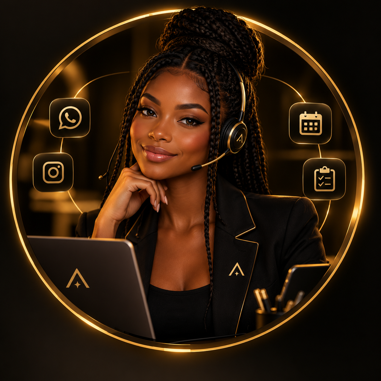 assistente virtual em moldura dourada futurista.png