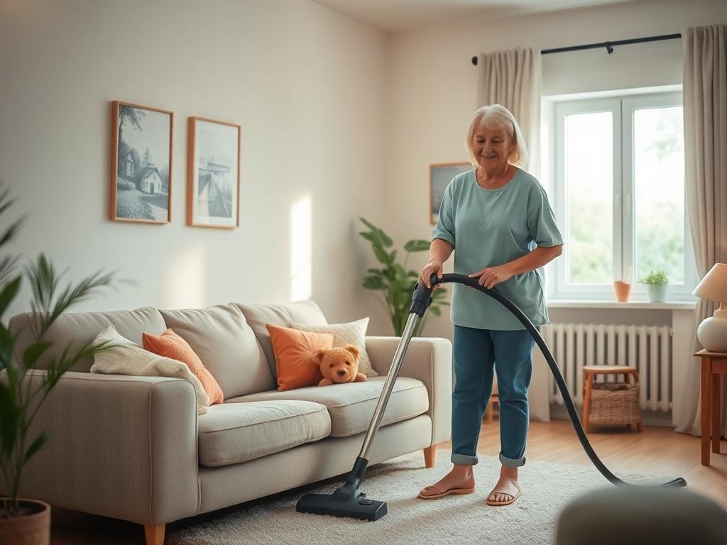 A serene domestic scene showcasing a caring home assistant gently cleaning a cozy living room. The room is softly lit with natural light coming through a window, highlighting a tidy space with a comfortable sofa and a small coffee table. The assistant, a middle-aged woman with a warm smile, is using a vacuum cleaner. The atmosphere is peaceful and inviting, reflecting a sense of care and attention to detail in the home environment.