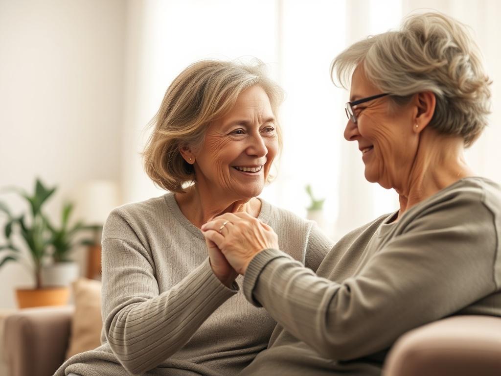 A high-resolution photo of a compassionate caregiver assisting a senior person in a cozy home environment. The scene should convey warmth and empathy with gentle lighting. The caregiver, a middle-aged person, should be engaged in a supportive interaction with the senior, who appears comfortable and at ease. The background should feature soft tones and a peaceful atmosphere, enhancing the sense of care and support.