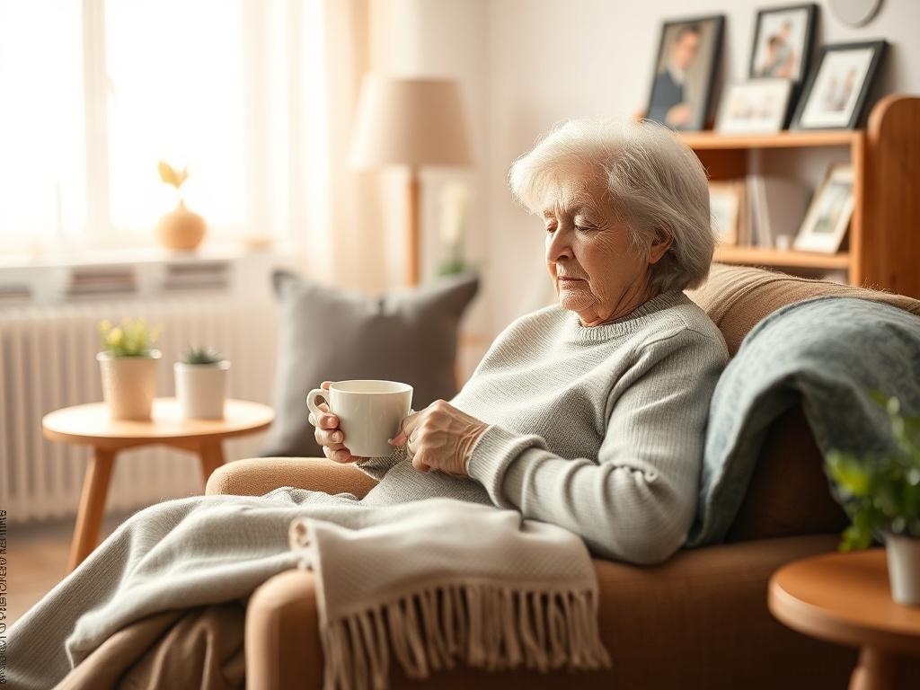 Create a realistic high-resolution photo that captures the essence of the blog titled "Jak zapewnić komfort seniorom w codziennym życiu." The composition should be simple and clear, featuring a warm and inviting scene that focuses on a single subject: an elderly woman comfortably seated in a cozy living room. 

The woman should appear serene and engaged in a comforting activity, such as reading a book or enjoying a cup of tea. Her expression should convey contentment and peace, showcasing the comfort that c