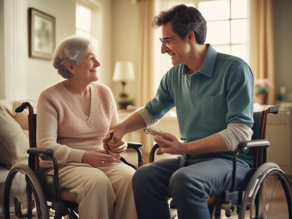 A compassionate caregiver assisting a person with disabilities in a