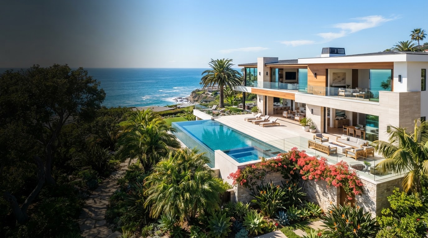 High-end coastal California home overlooking the Pacific, with a turquoise pool and sunlit terrace
