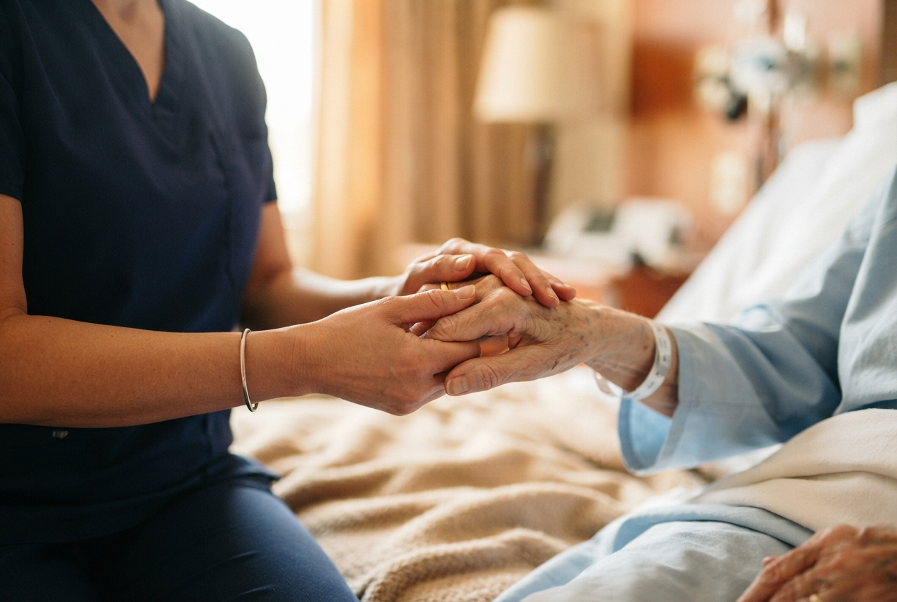 Caregiver's hands gently holding a patient's hand