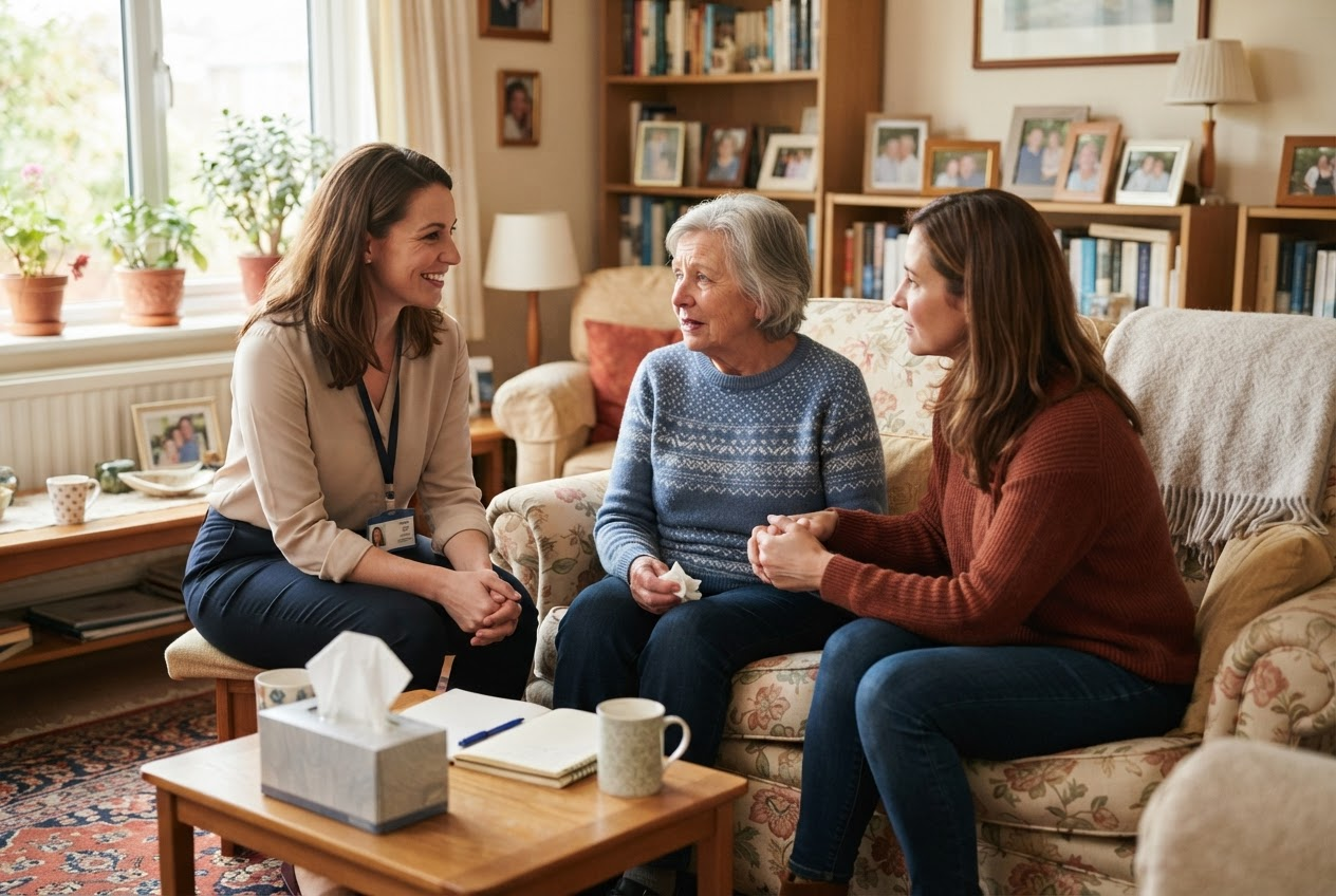 Family and caregiver having a meaningful conversation
