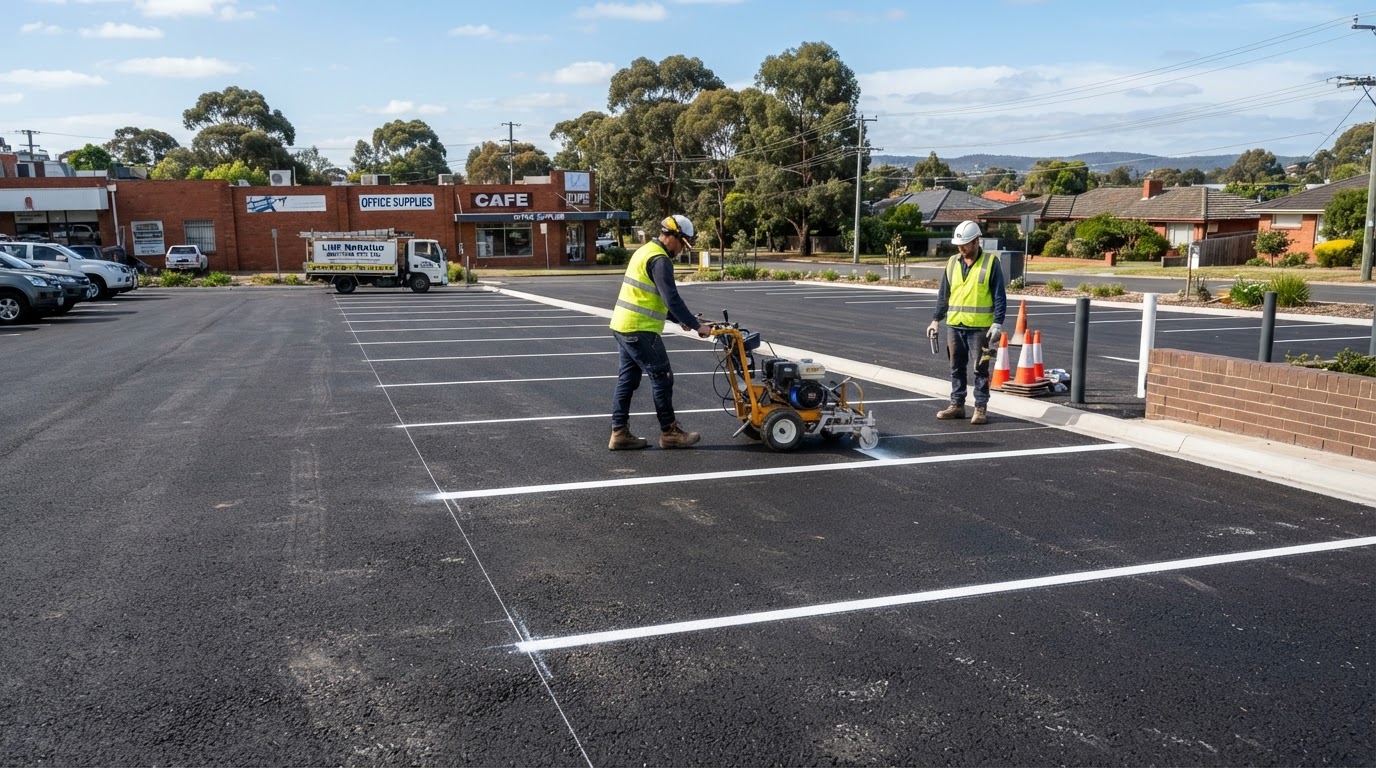 Line marking machine painting white parking bay lines in a commercial car park