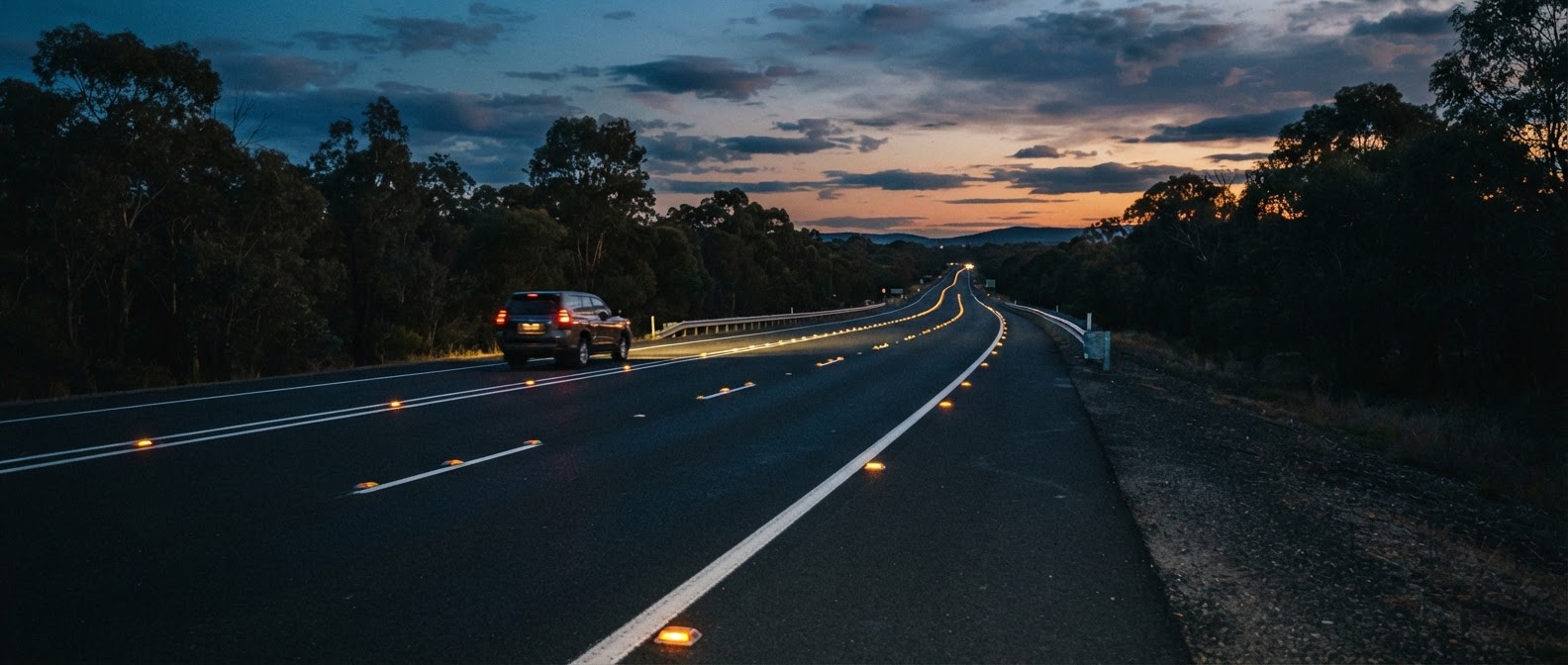 Australian arterial road at dusk with freshly painted edge lines and reflective cat eyes
