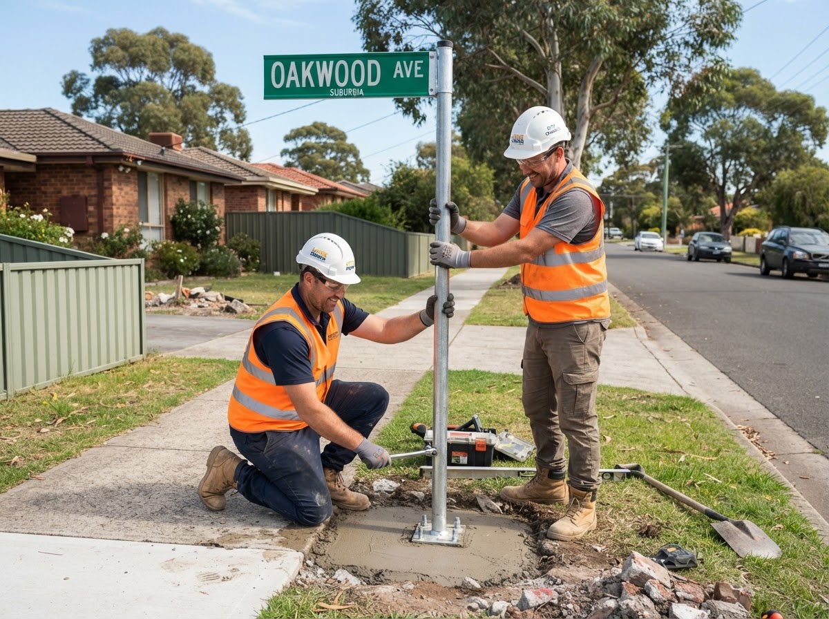 Crew installing a new street sign post