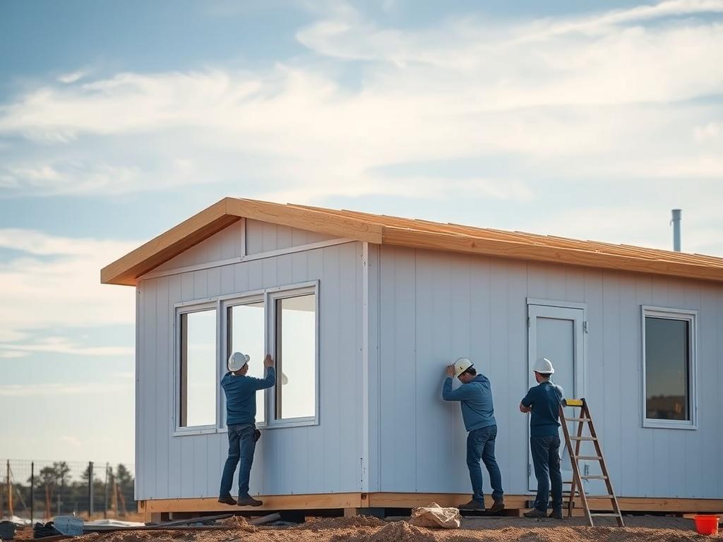 A modular home being assembled at a construction site, with workers actively putting together the structure against a clear sky.