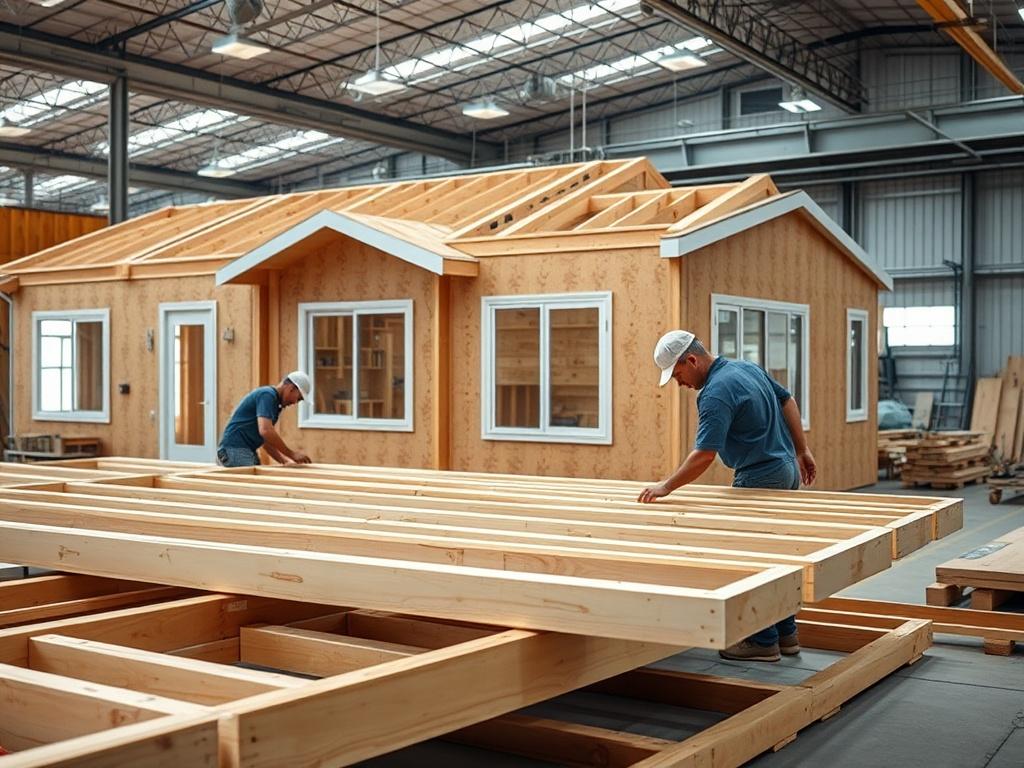 An industrial setting showing modular home components being assembled, with workers focused on the construction process.