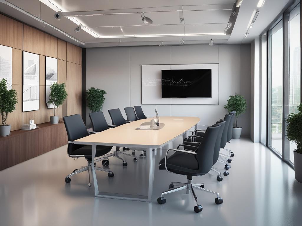 A high-resolution image of a modern office space with a sophisticated atmosphere, showcasing a sleek conference table and financial charts on a digital screen. The setting should emphasize professionalism and success in investment management.