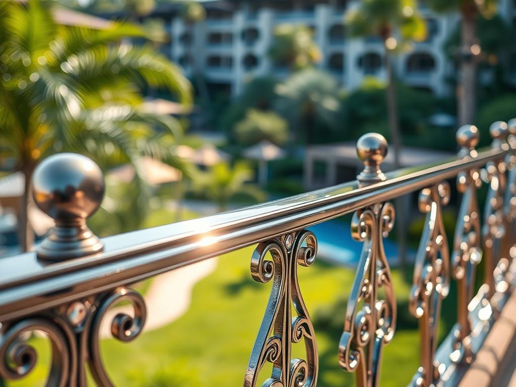 A stunning close-up shot of a beautifully crafted stainless steel railing at a luxury hotel resort. The railing features intricate designs, reflecting light in a captivating way, with a blurred background showcasing the lush greenery and architecture of the resort. The image is shot with a 45mm f/1.2 lens to highlight the exquisite details of the metalwork, while the overall color tone aligns with the primary color rgb(243, 153, 62).