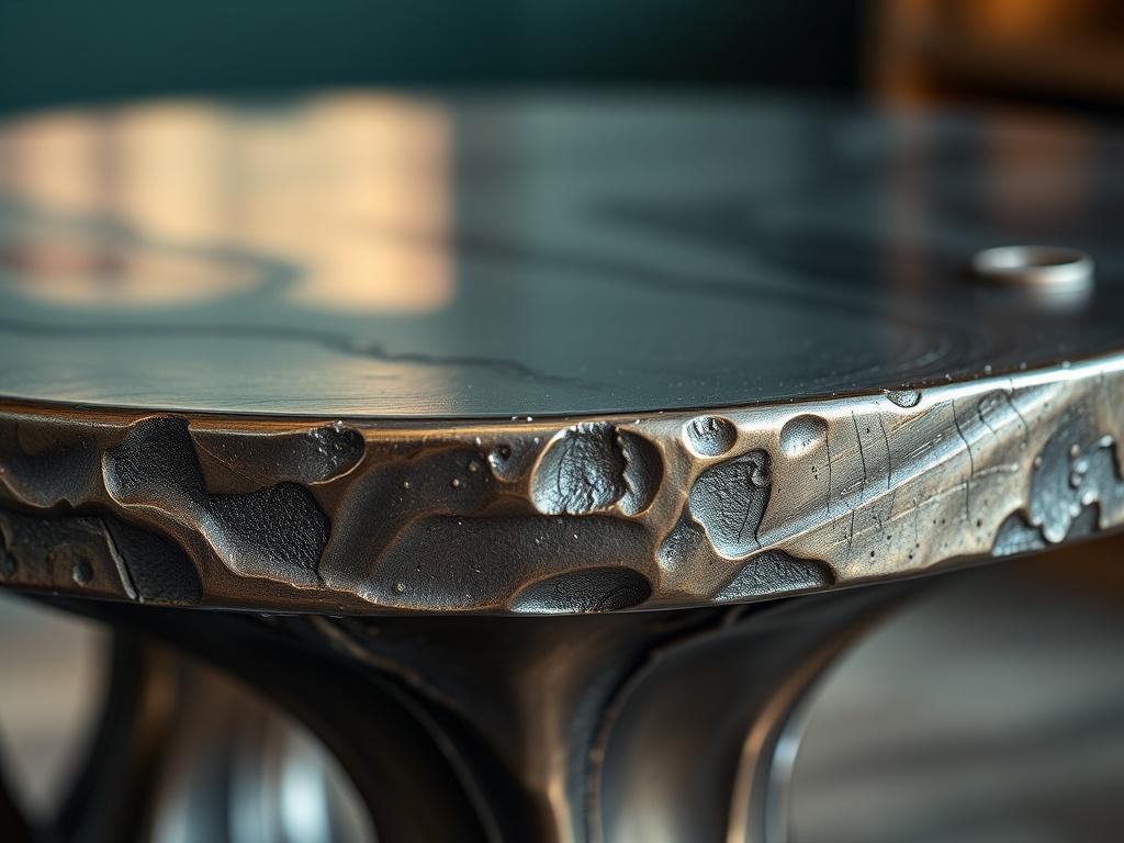 A hyper-realistic close-up of a custom metalwork piece, such as a unique table or sculpture. The focus should be on the detailed craftsmanship, showcasing the textures and finishes of the metal. The background should be subtly blurred to highlight the beauty of the custom piece, reflecting the artistry and innovation of Precision Fabricators.