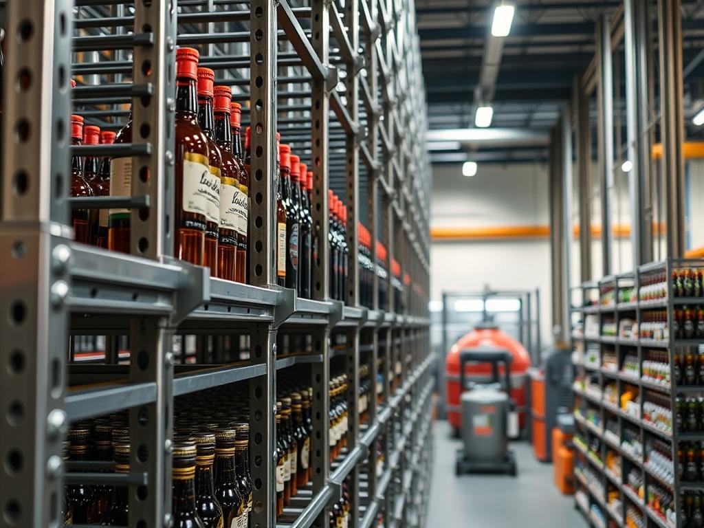 A hyper-realistic close-up shot of a custom metal racking system designed for a beverage manufacturer, showcasing the intricate details of the steel structure. The racking is filled with bottles and cans, demonstrating its functionality in a modern production facility. The background is softly blurred to emphasize the racking system, with warm lighting that highlights the metallic finish, compatible with the rgb(243, 153, 62) primary color.