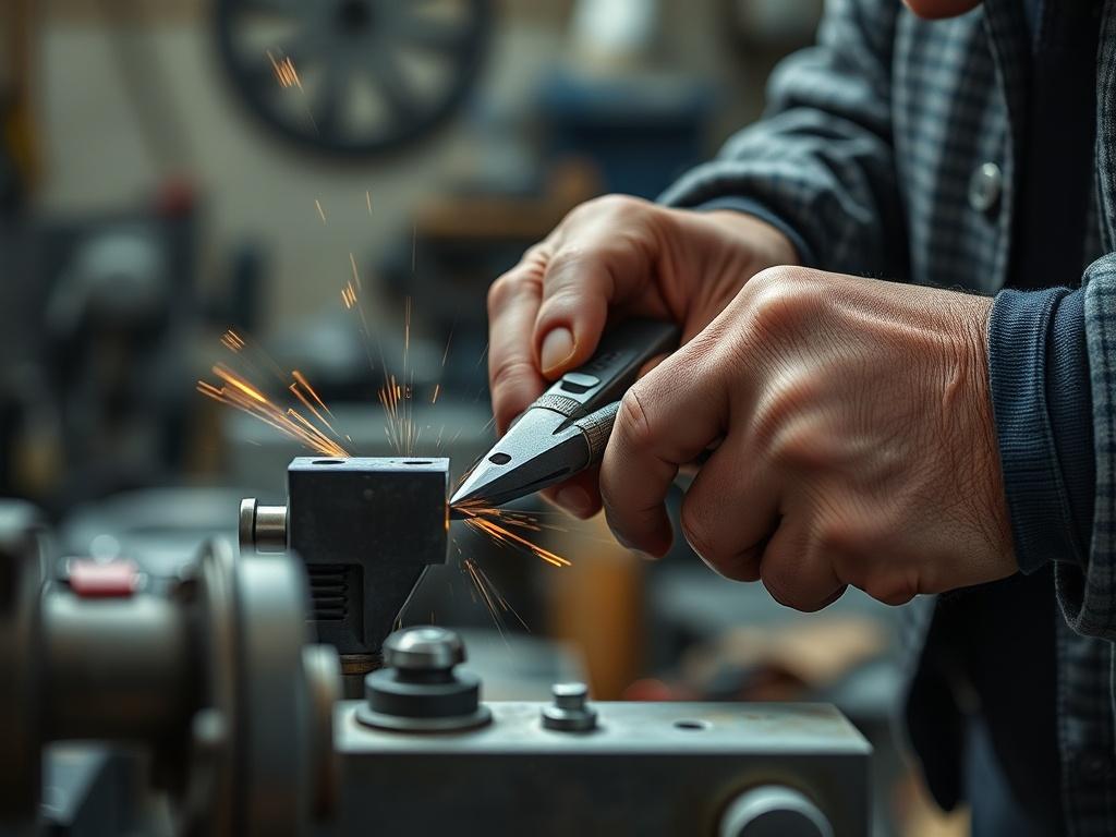 A close-up shot of a custom metal fabrication process in action, showcasing skilled hands working with metal tools. The image should capture the intricate details of the fabrication process, highlighting the quality and precision involved, set against a workshop background that conveys a sense of craftsmanship.