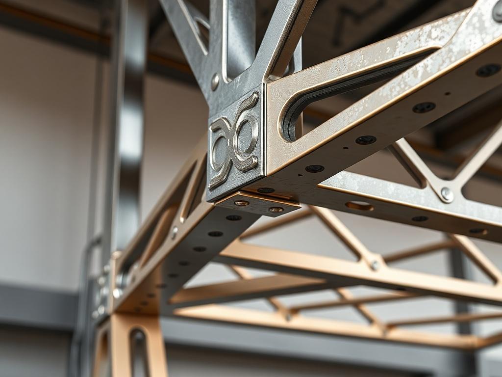 A close-up shot of a custom steel structure, showcasing intricate details and craftsmanship. The background is minimal and modern, highlighting the steel's shine and texture. The image is rendered in hyper-realistic style, focusing on the structure's design elements, with a warm lighting tone to emphasize the steel's quality.