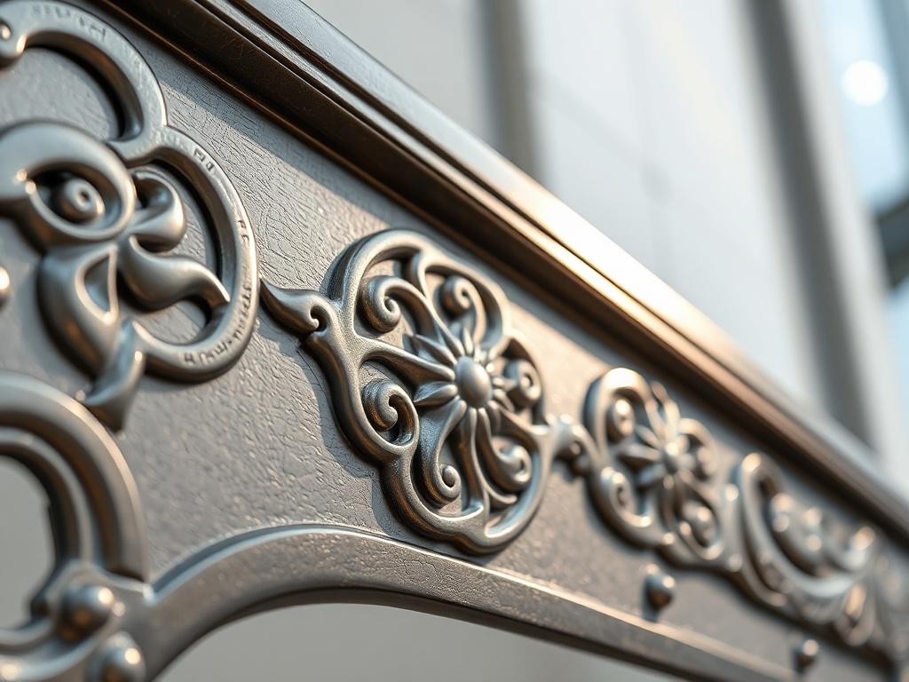 A hyper-realistic close-up of an architectural metalwork feature, highlighting intricate patterns and textures. The image should focus on the interplay of light and shadow on the metal surface, set against a clean, modern background that emphasizes the craftsmanship and design quality.