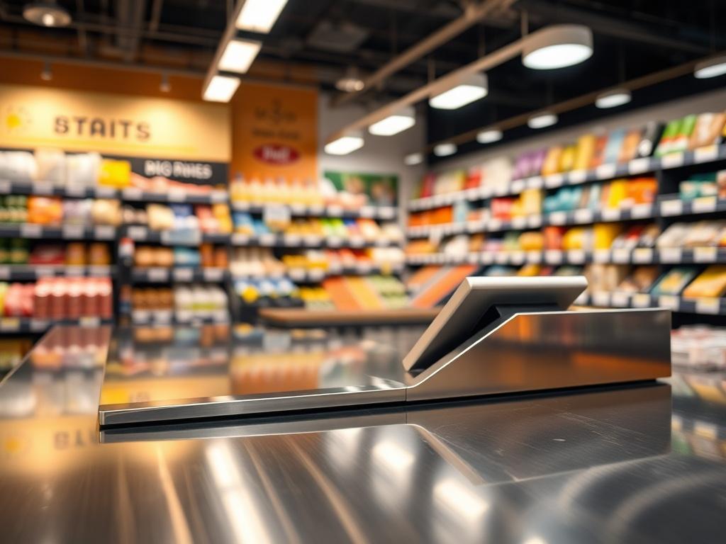 A polished stainless steel checkout counter, featuring sleek lines and a modern design, positioned in a vibrant supermarket environment. The background showcases product shelving filled with colorful goods, emphasizing a busy shopping atmosphere. The focus is on the counter, highlighting its reflective surface and craftsmanship, while the warm lighting enhances the stainless steel's shine.