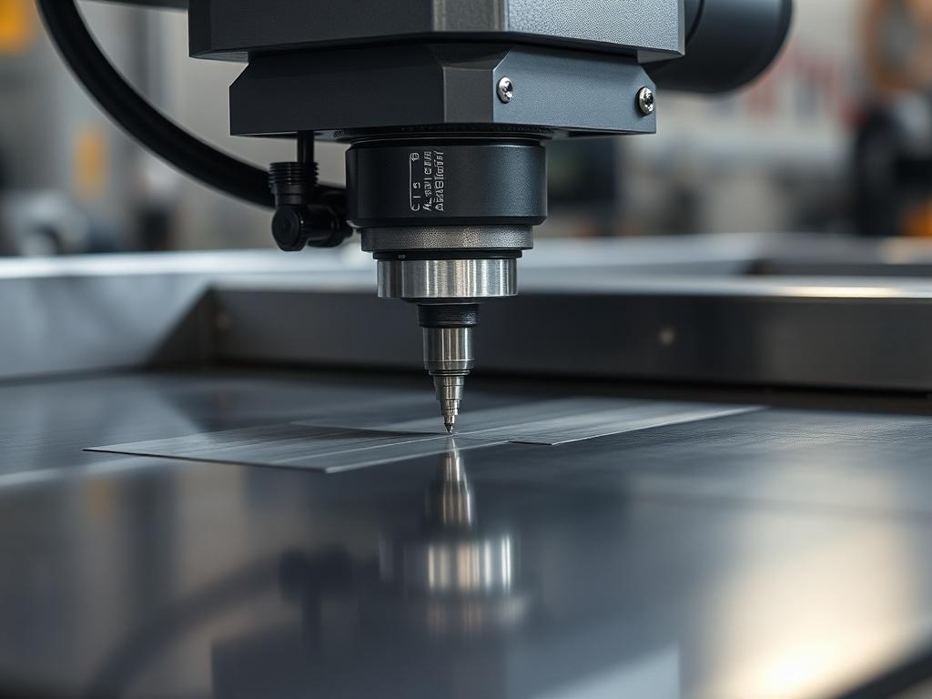 A close-up shot of a CNC cutting machine in action, showcasing a sheet of metal being cut with precision. The background should be slightly blurred to emphasize the sharp details of the cutting tool and the metal being processed. The lighting should highlight the sleek metal surface, reflecting the RGB color of (243, 153, 62) subtly in the environment. The composition should be simple, focusing solely on the cutting process, with a clear view of the machine's advanced features.