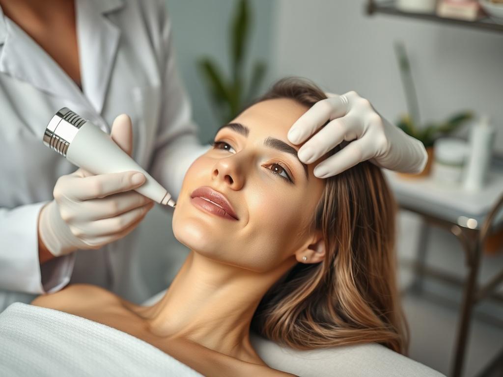 Create a high-resolution, hyper-realistic image focusing on a serene and inviting beauty treatment room at Lumina Laser Beauty in Arlington. The composition should feature a single subject: a confident and relaxed woman in her late twenties receiving a microneedling treatment. She should have a natural and radiant complexion, showcasing the potential results of Lumina's advanced skin rejuvenation services.

The beauty therapist, positioned to the side, should be wearing a professional white coat and using a