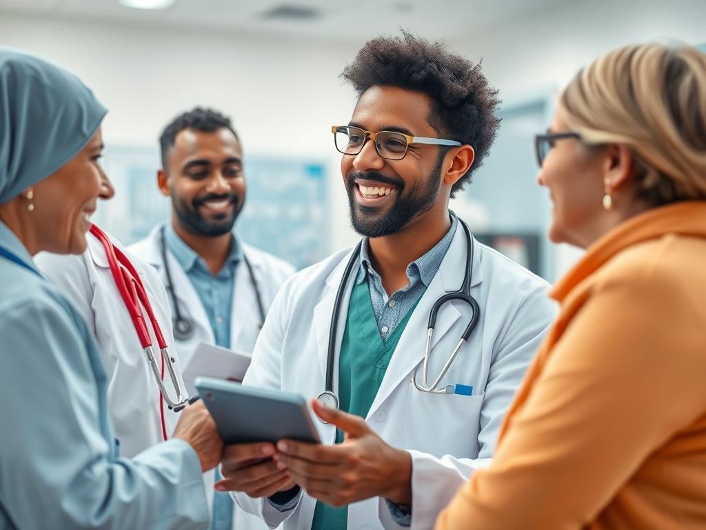 A close-up shot of a diverse group of healthcare professionals discussing patient care in a bright clinic setting. The focus is on a friendly doctor engaging with a patient, showcasing empathy and professionalism. The background is a clean, modern clinic with medical equipment and charts, emphasizing a welcoming healthcare environment. The colors are vibrant and warm, creating an inviting atmosphere.