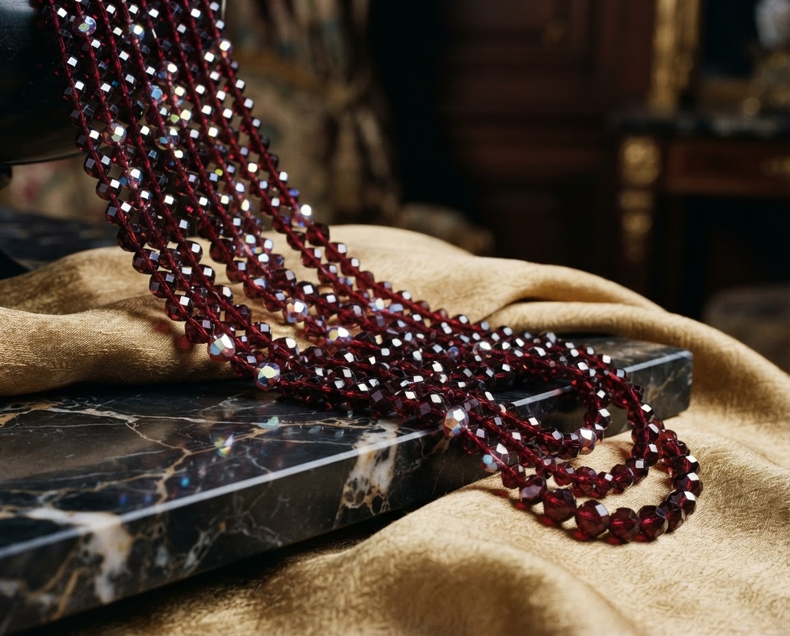 Cascading strands of garnet burgundy faceted crystal beads