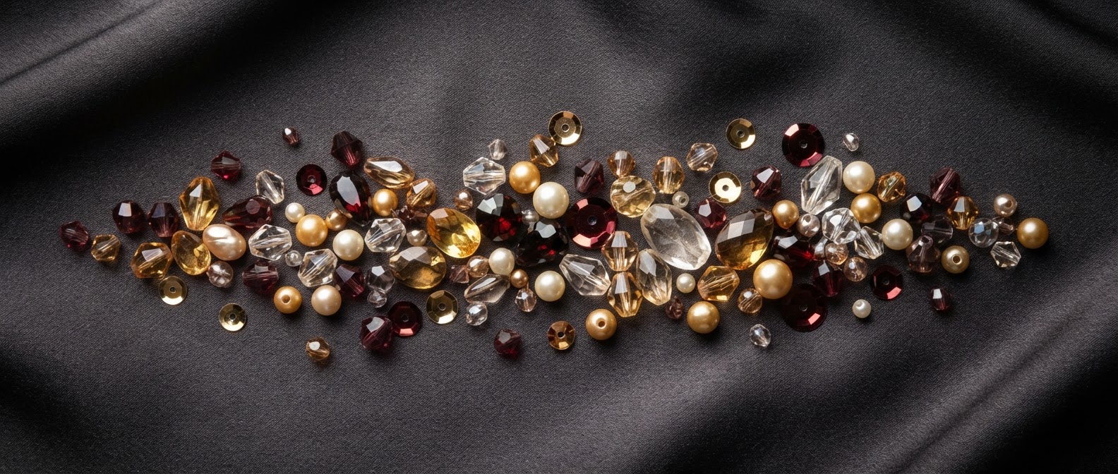 Flat lay of crystals, beads and pearls